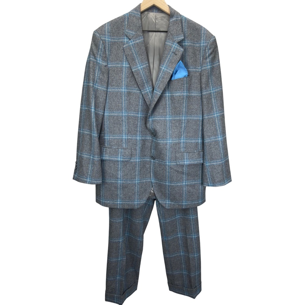 Vitale Barberis Canonico Mens Size 42R Grey Blue Windowpane Wool Silk 2 pc Suit